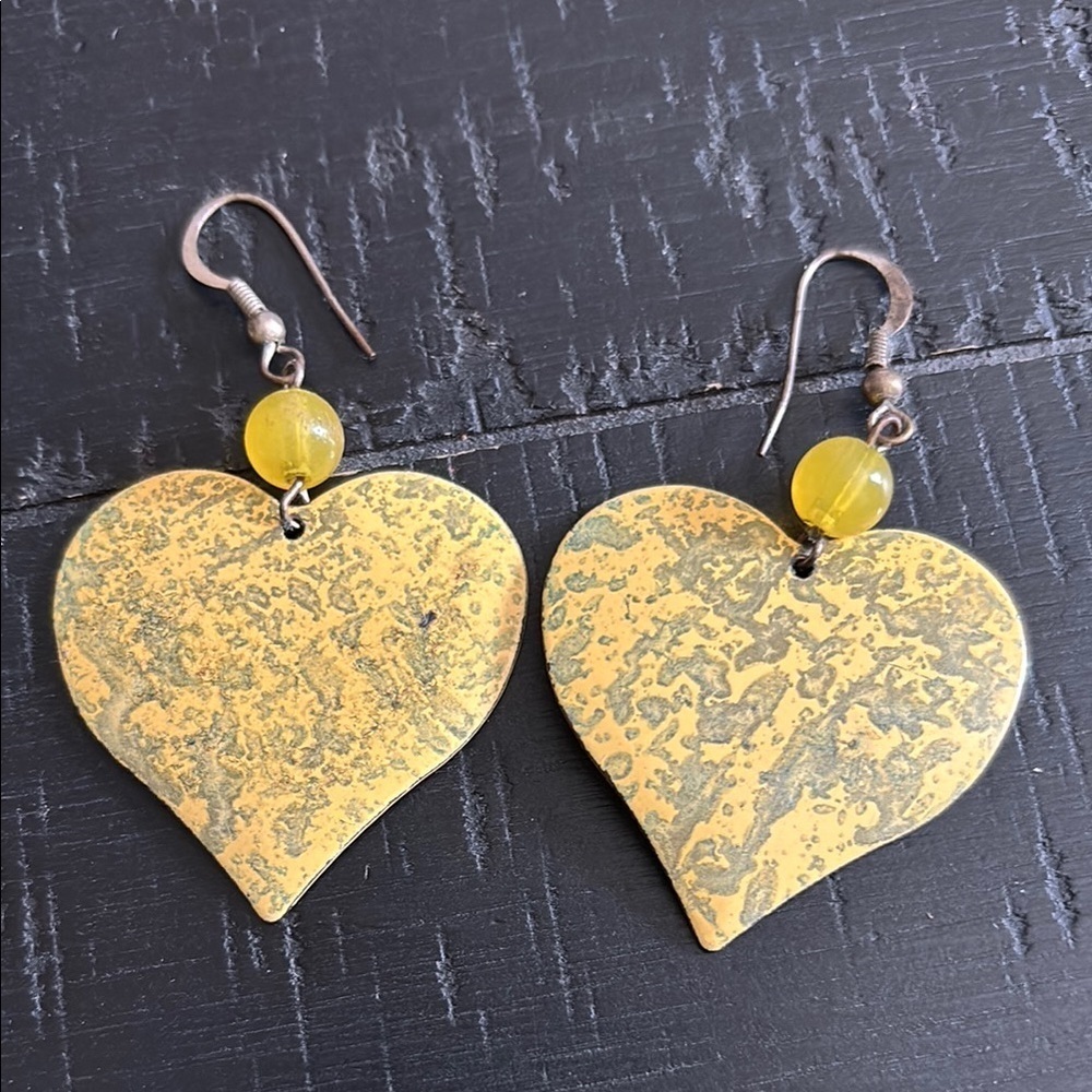 Metal Heart-Shaped Gold Earrings with Yellow Dangle Accents